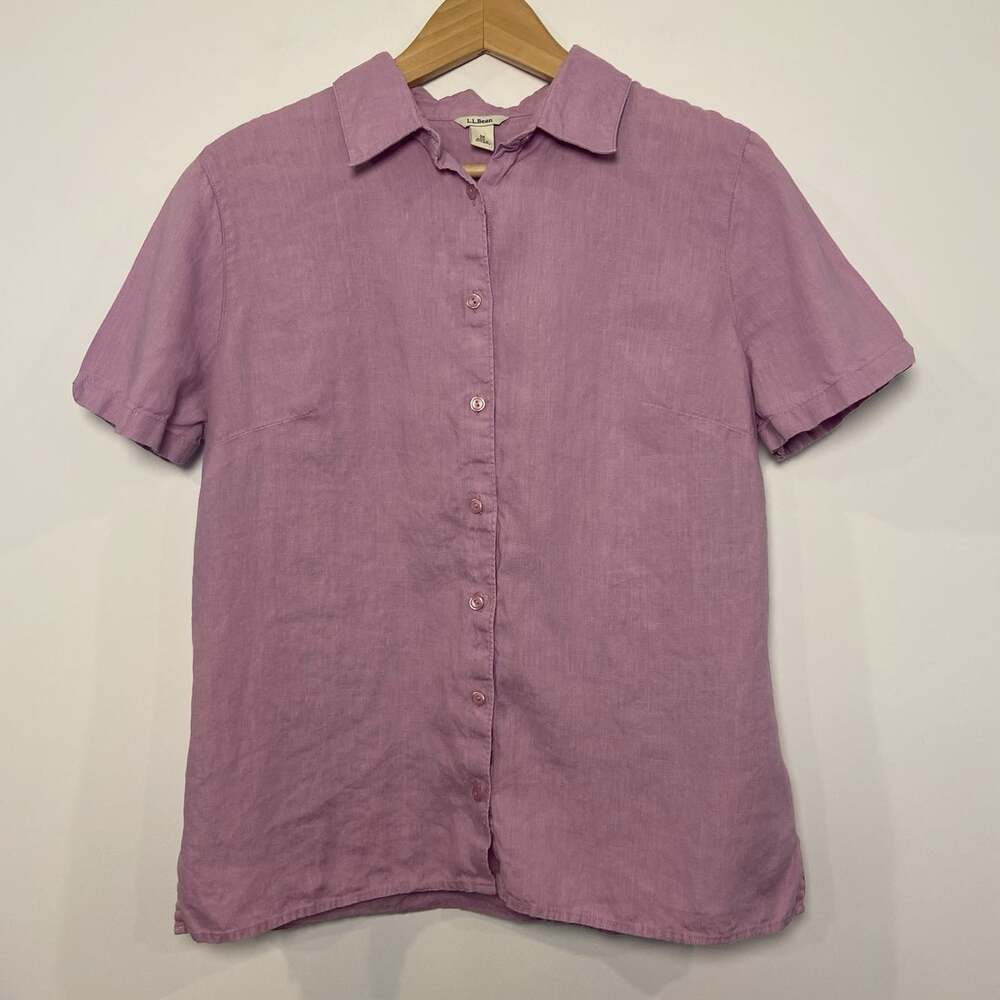 L.L. Bean Shirt Blouse 100% Linen Short Sleeve Lavender Purple Medium M